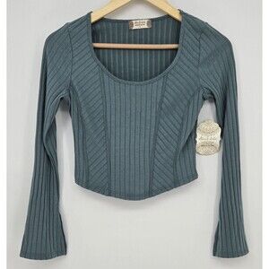 NWT Altar'd State Blue Ribbed Corset Seam Split Sleeve Boho Top - Women's Small